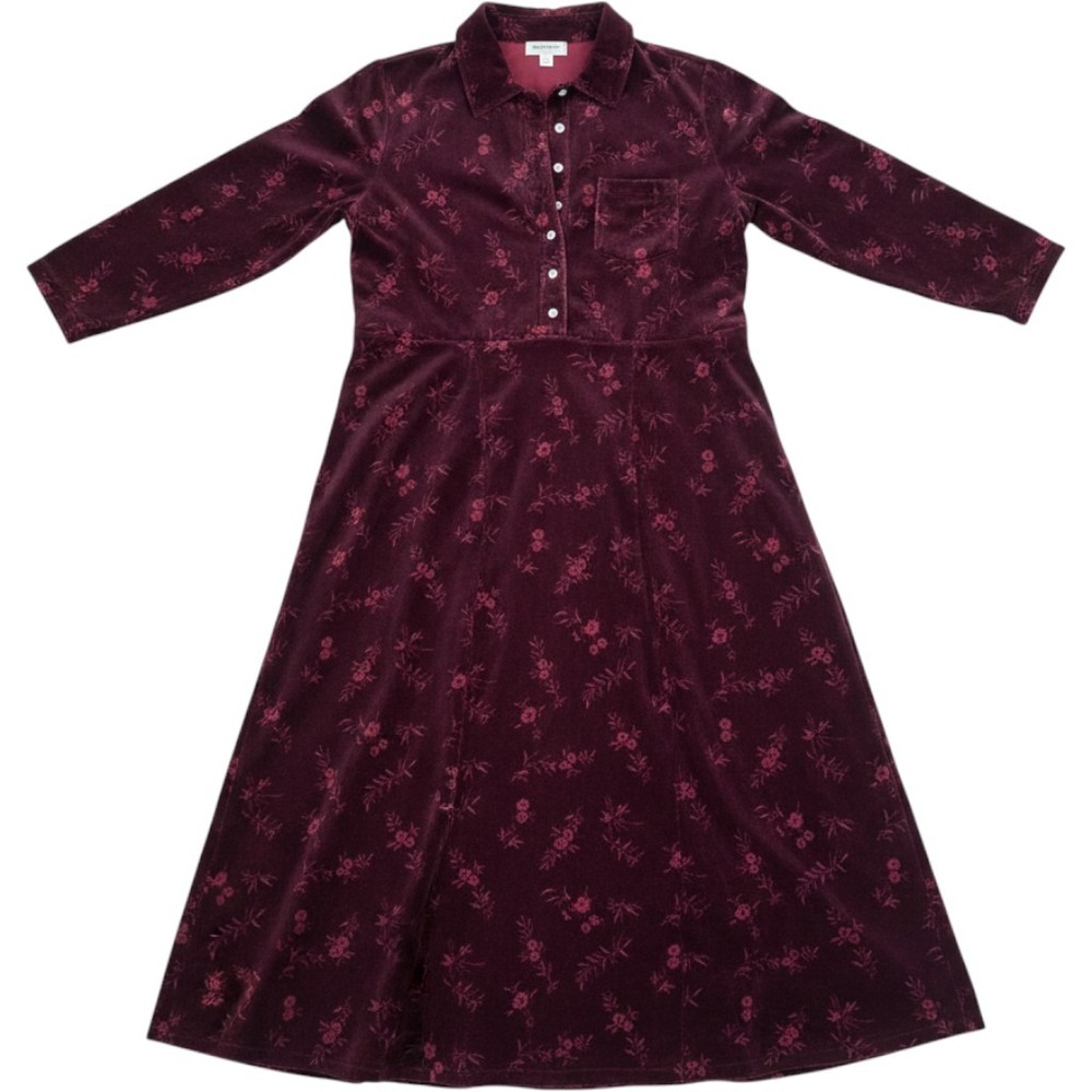 Burgundy Velvet Maxi Dress Floral Print Long Sleeve Shirt Dress Vintage Style